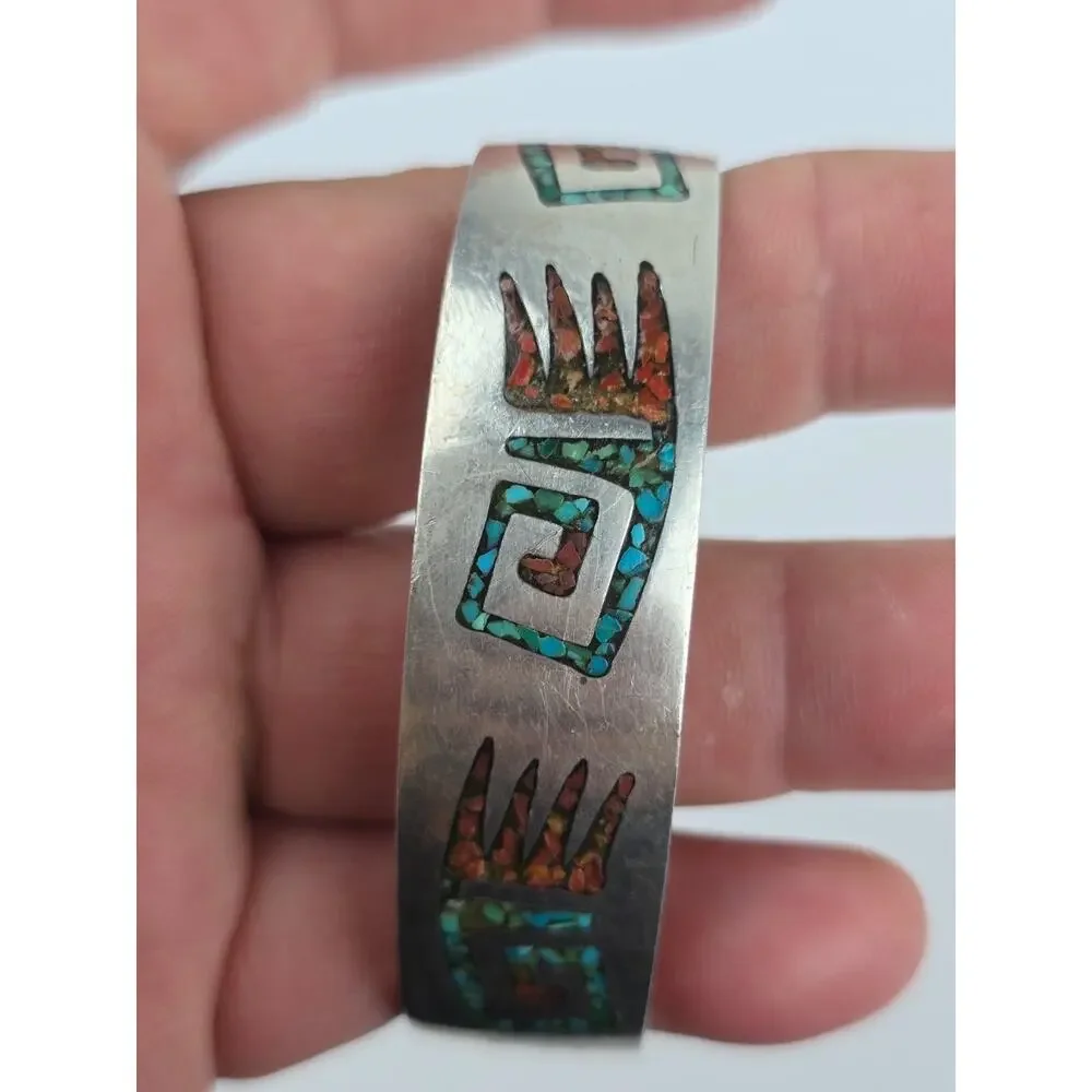 Navajo Sterling Silver Crushed Chip Turquoise & Coral Flush Cuff Bracelet 7.5